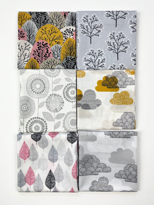 FAT QUARTER BUNDLE - Mixed organic quilting cotton fabrics (trees and clouds)