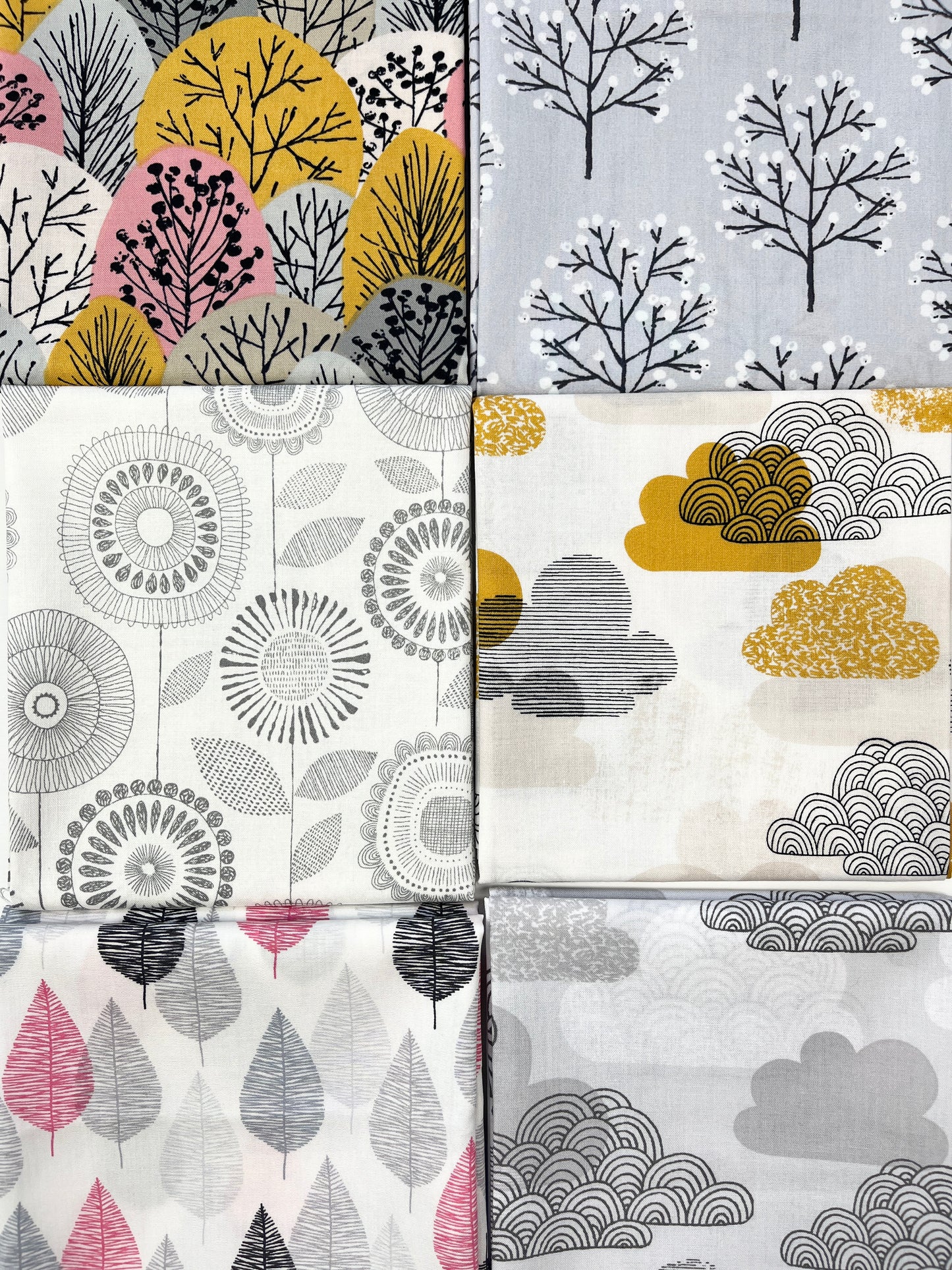 FAT QUARTER BUNDLE - Mixed organic quilting cotton fabrics (trees and clouds)